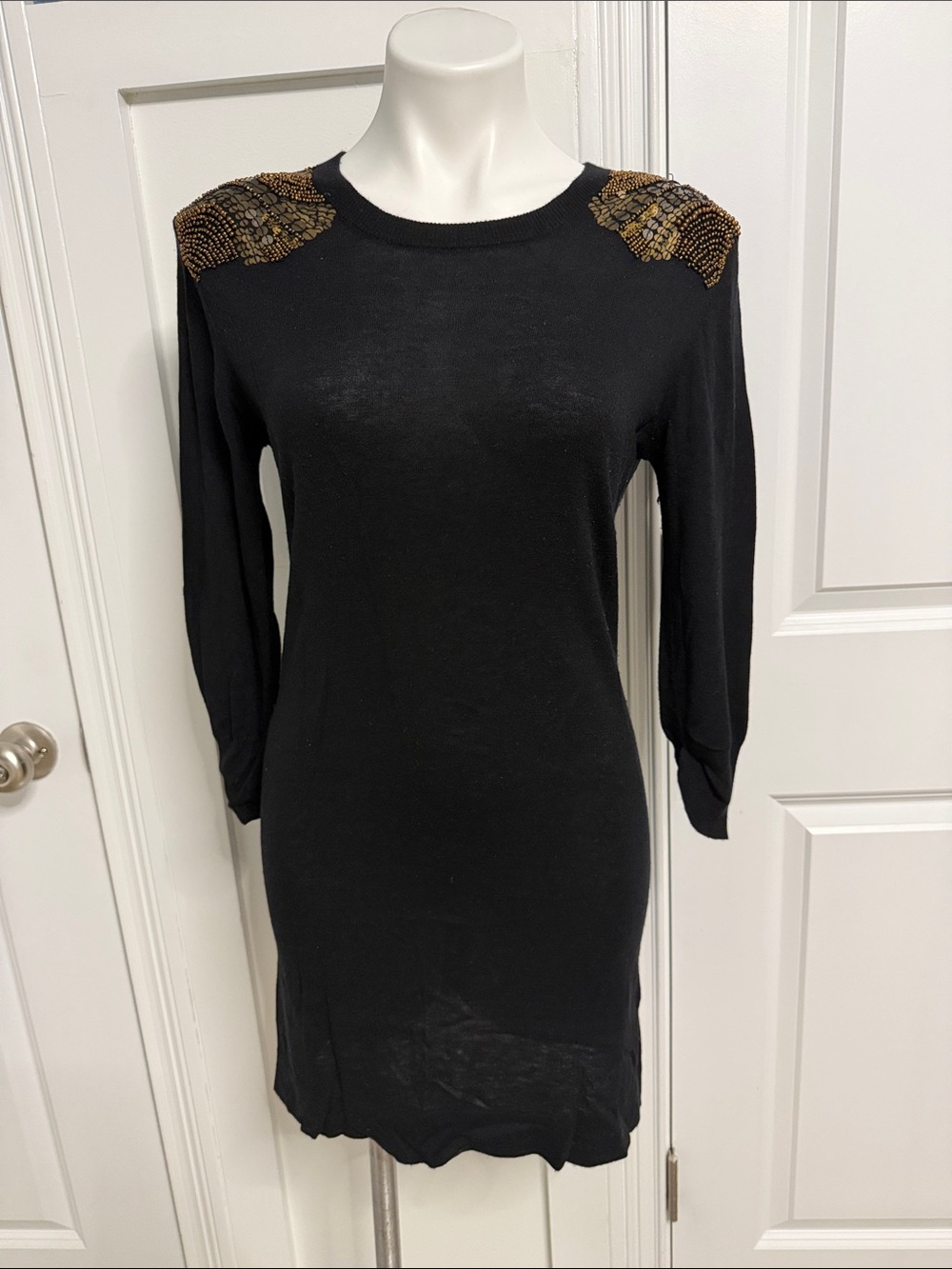 French Connection Black Long-Sleeve Dress with Gold Beaded Shoulders